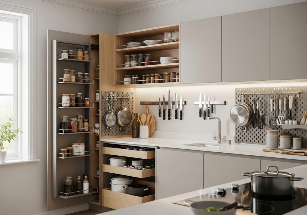 Vertical storage fixes the biggest small-kitchen problem.
