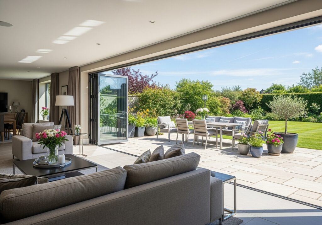  Wide bright living room opening to a backyard patio