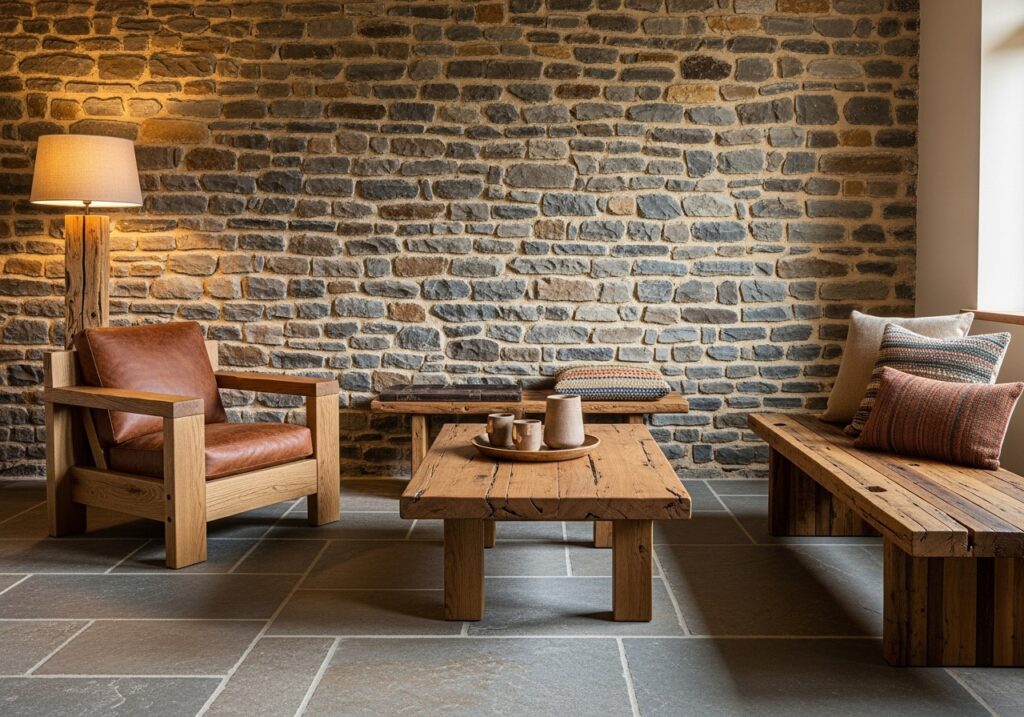 Stone wall with wooden furniture