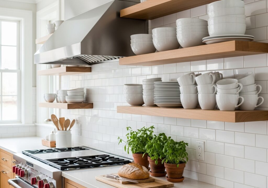 open shelves with evenly spaced dishes