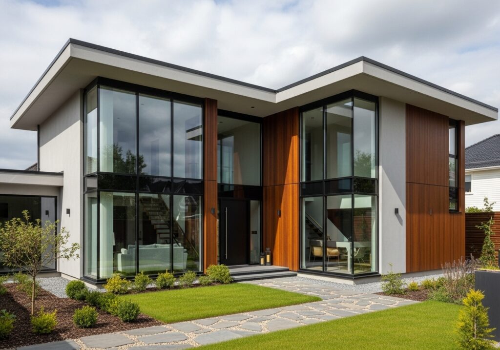 House with flat or gentle roofline