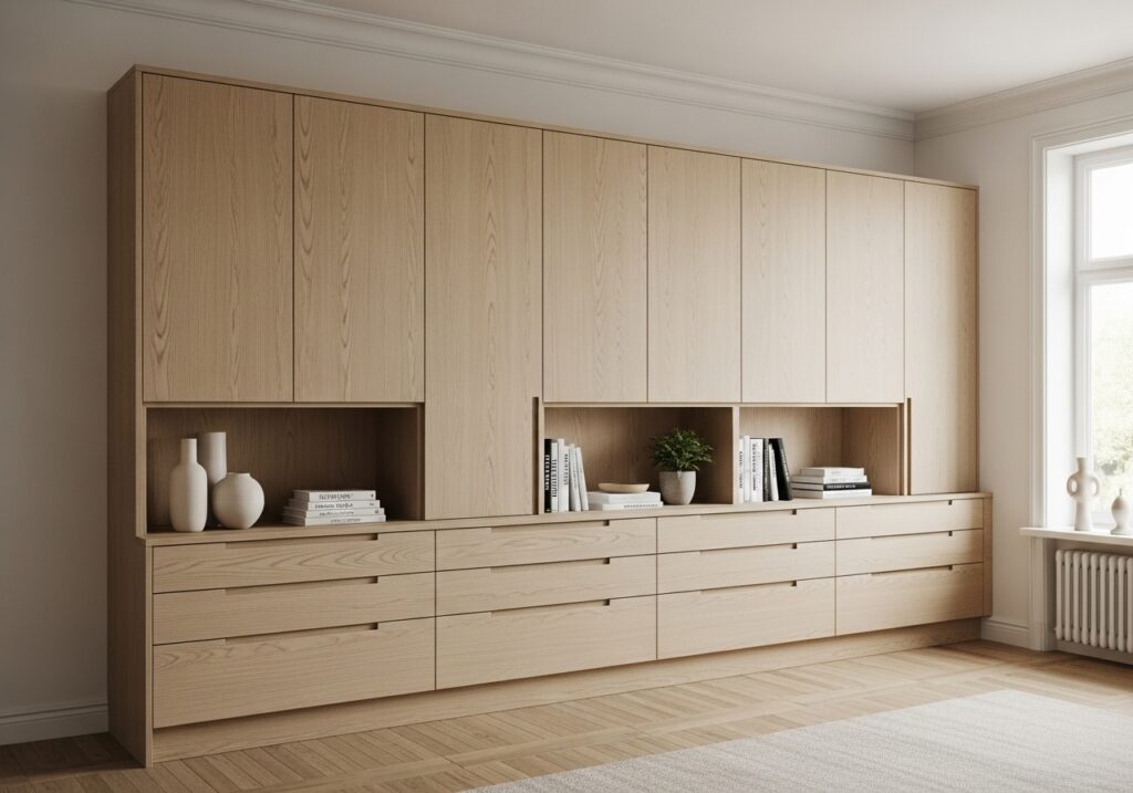 Built-in wall storage with hidden handles