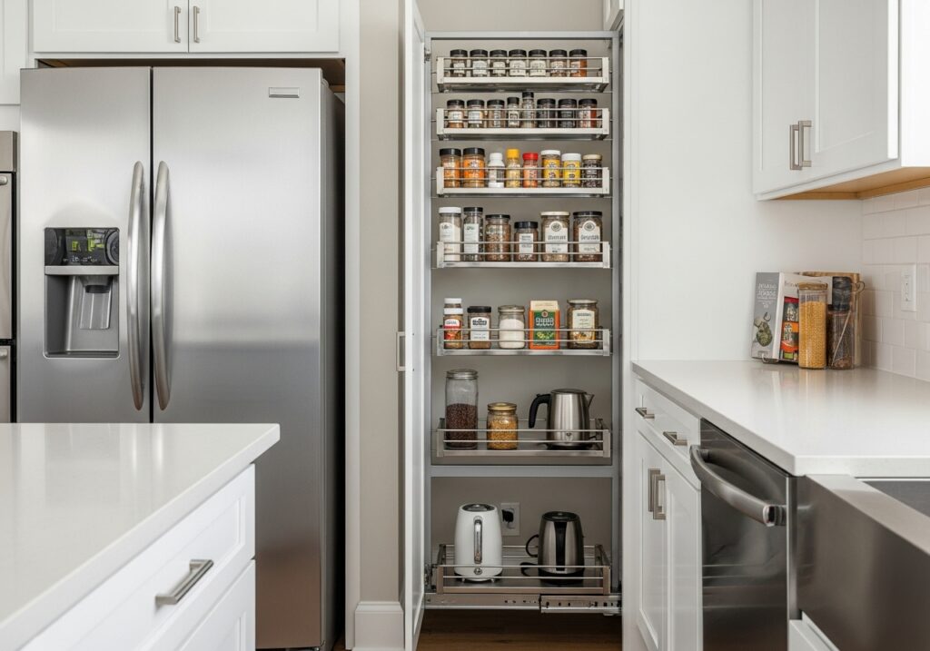 Pull-out storage turns gaps into working space.