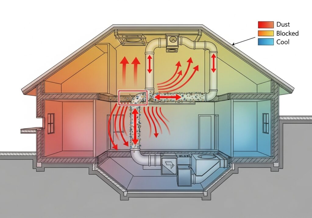 Poor Airflow Problems:blocked ducts cause uneven airflow