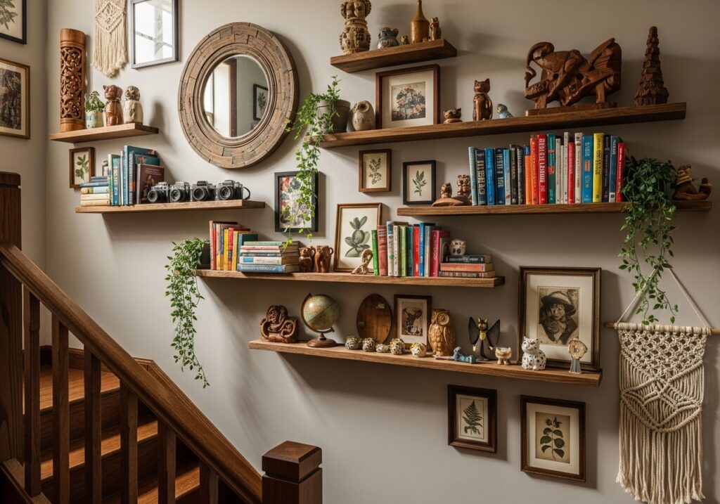 Wooden shelves with decor pieces
