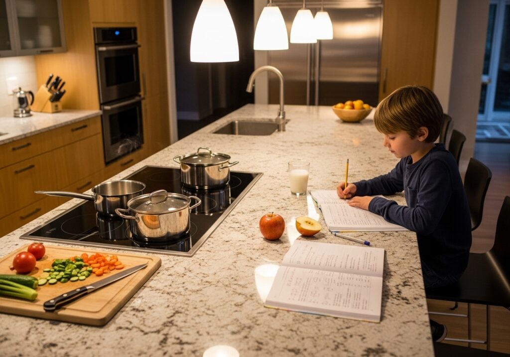  Kitchen island used for cooking and homework