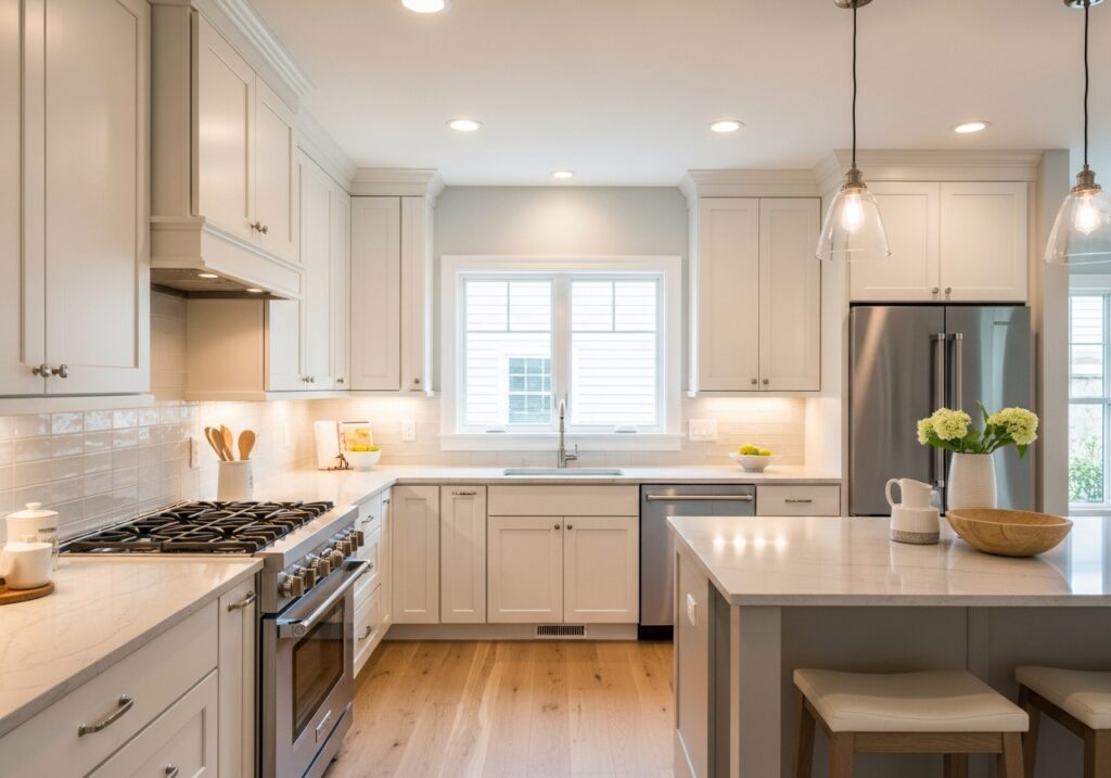 Lighter finishes help the room feel wider.