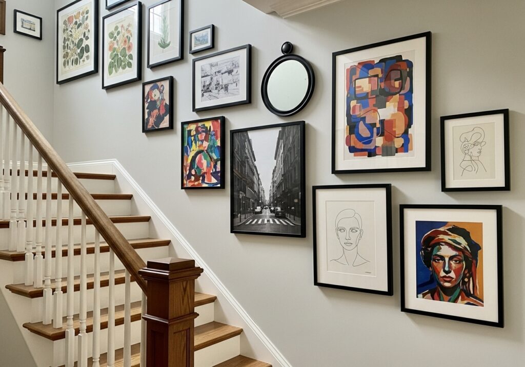 Eclectic Mix Stairs Wall Decor Ideas:One frame color, mixed artwork