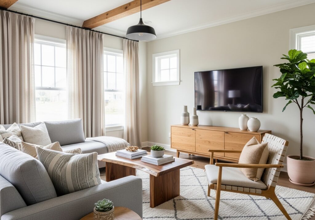 Neutral-toned living room with wood accents
