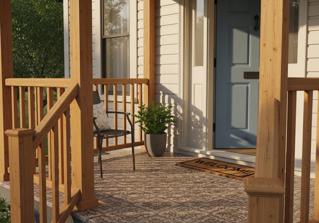 Railings, posts, or tile help frame the entry