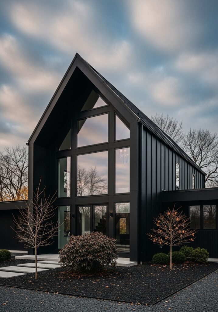 Black exterior gable houses rely on contrast and restraint.