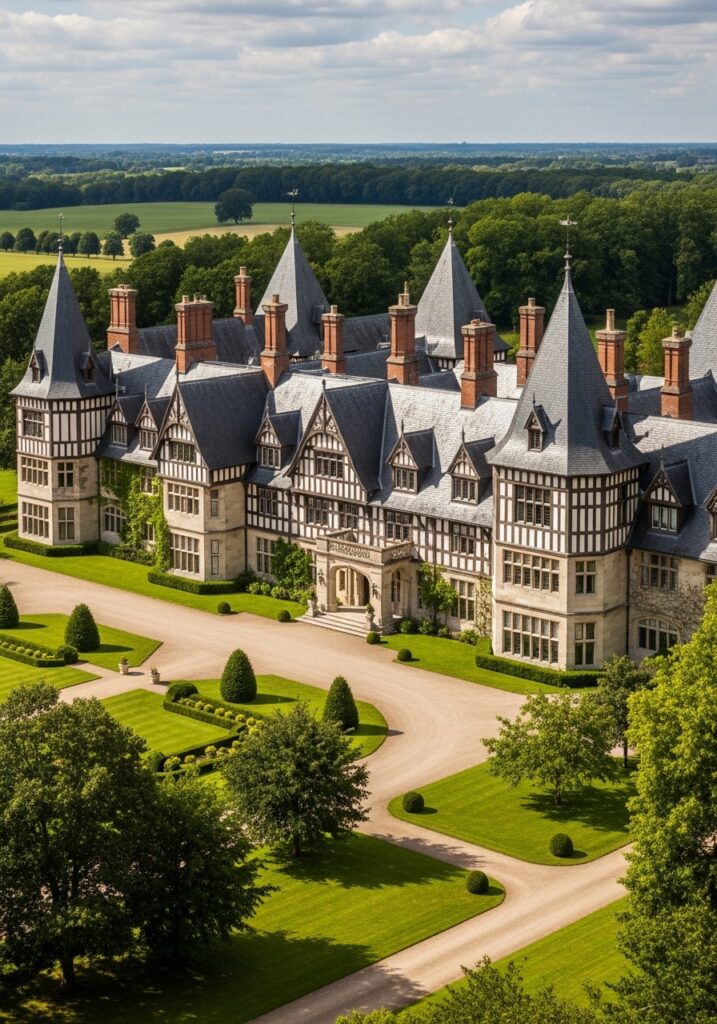  Large estate gable houses manage scale through repetition.