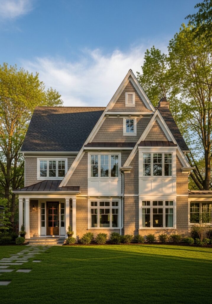 Two-story gable houses balance space and efficiency.