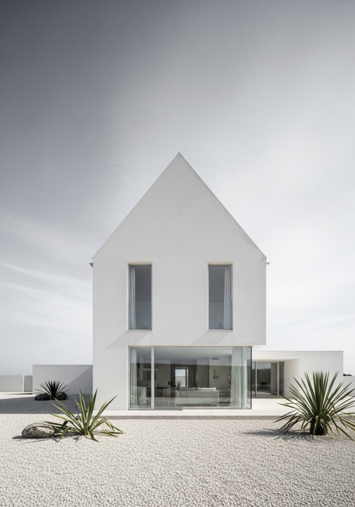 Minimalist white gable houses rely on form, not detail.