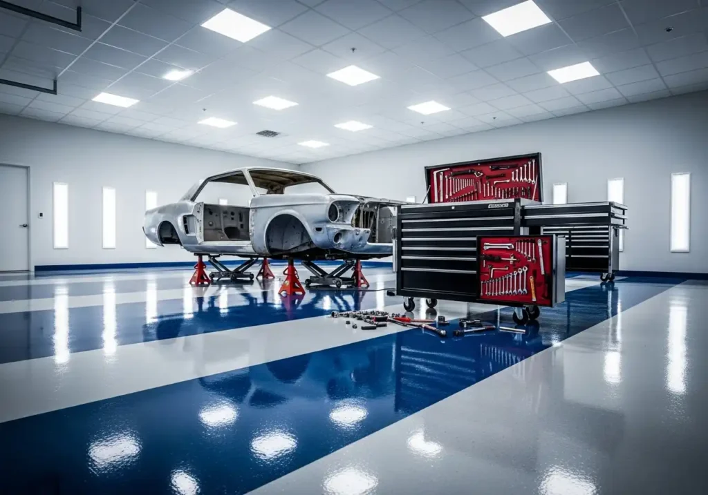  Navy and Silver Metallic: Epoxy Flooring Design for Car Enthusiasts