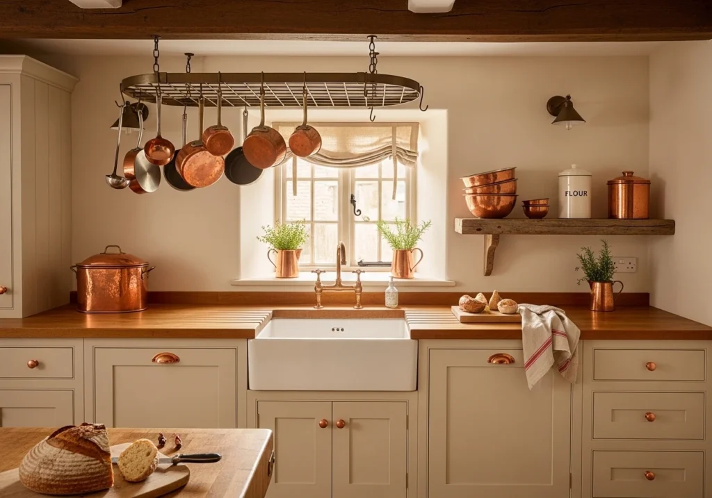 ountry kitchen with copper accents