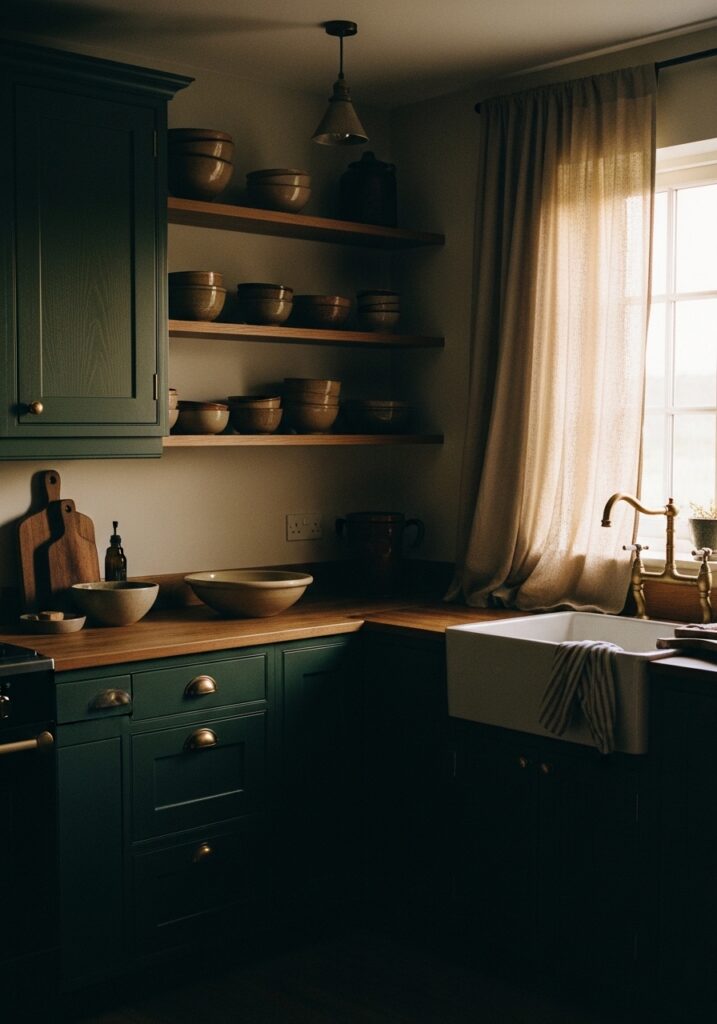 Deep Forest Green Cabinets with Vintage Brass Accents
