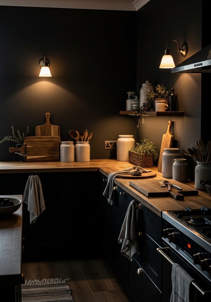 Matte Black Cottage Kitchen with Wooden Countertops