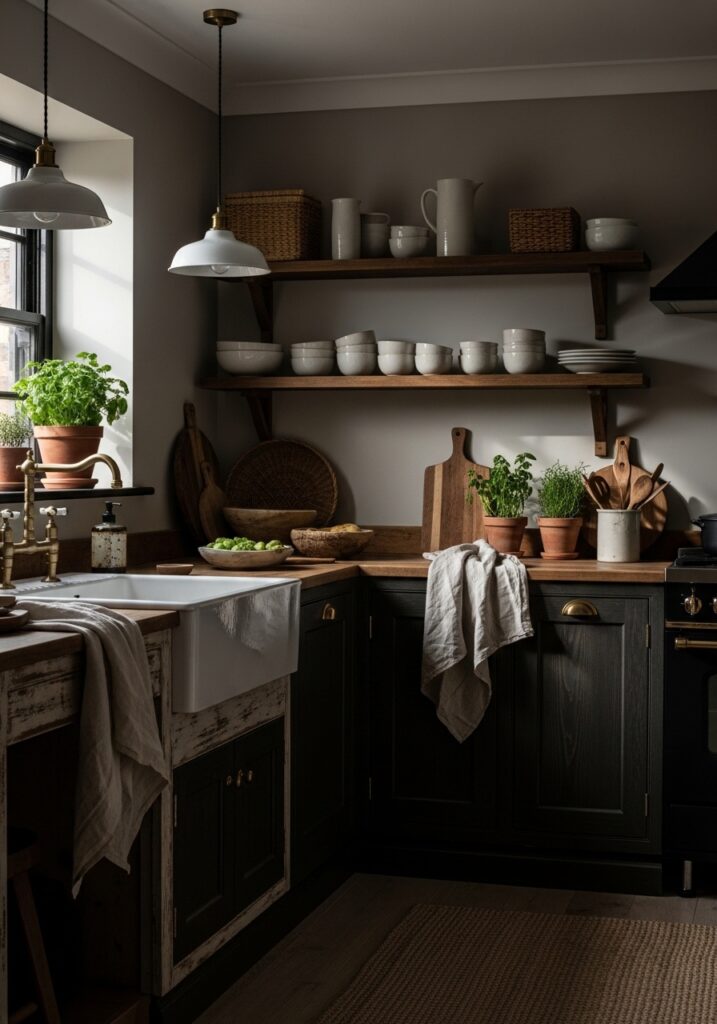 Rustic Dark Wood Kitchen with Farmhouse Sink
