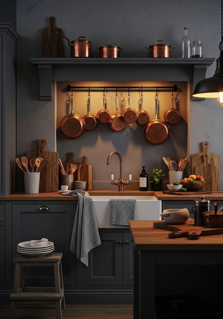 Charcoal Gray Cottage Kitchen with Copper Details