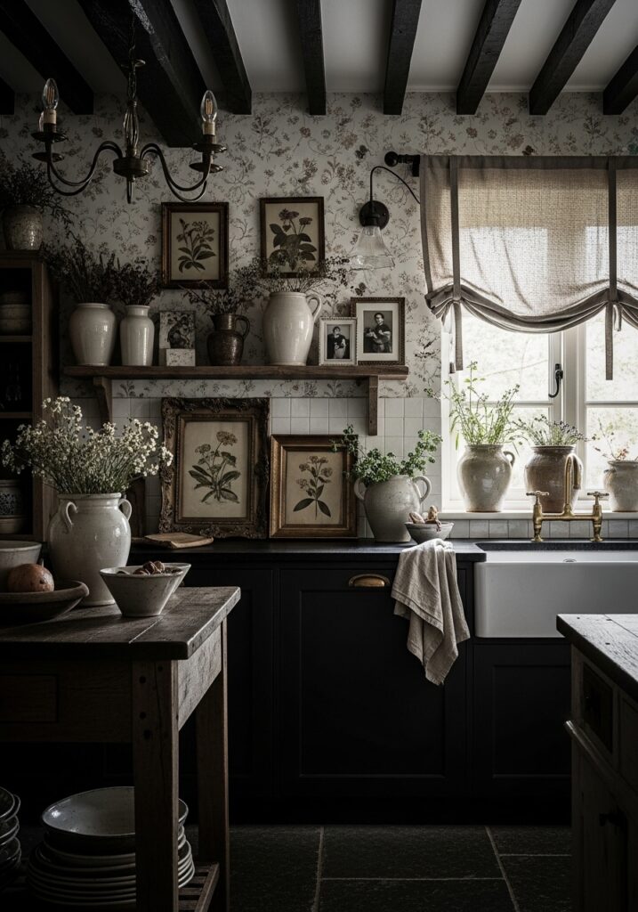 Black Cottage Kitchen with Floral Wallpaper