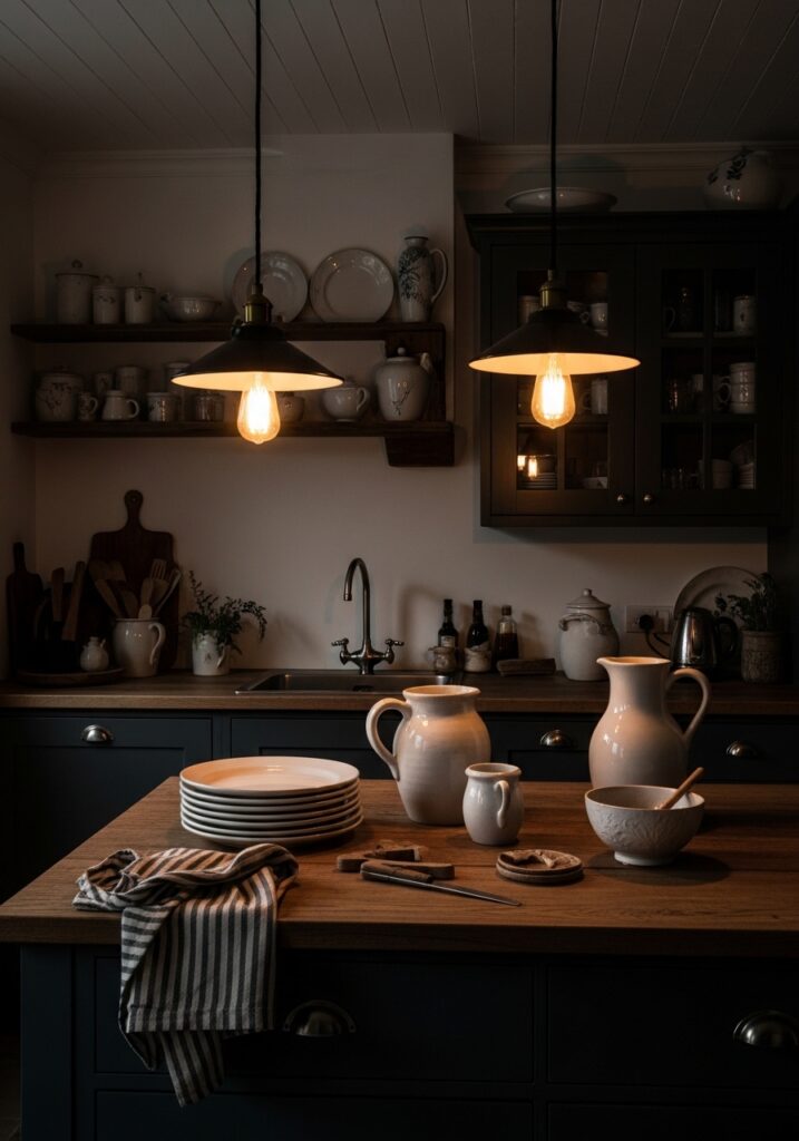 Moody Cottage Kitchen with Vintage Pendant Lighting