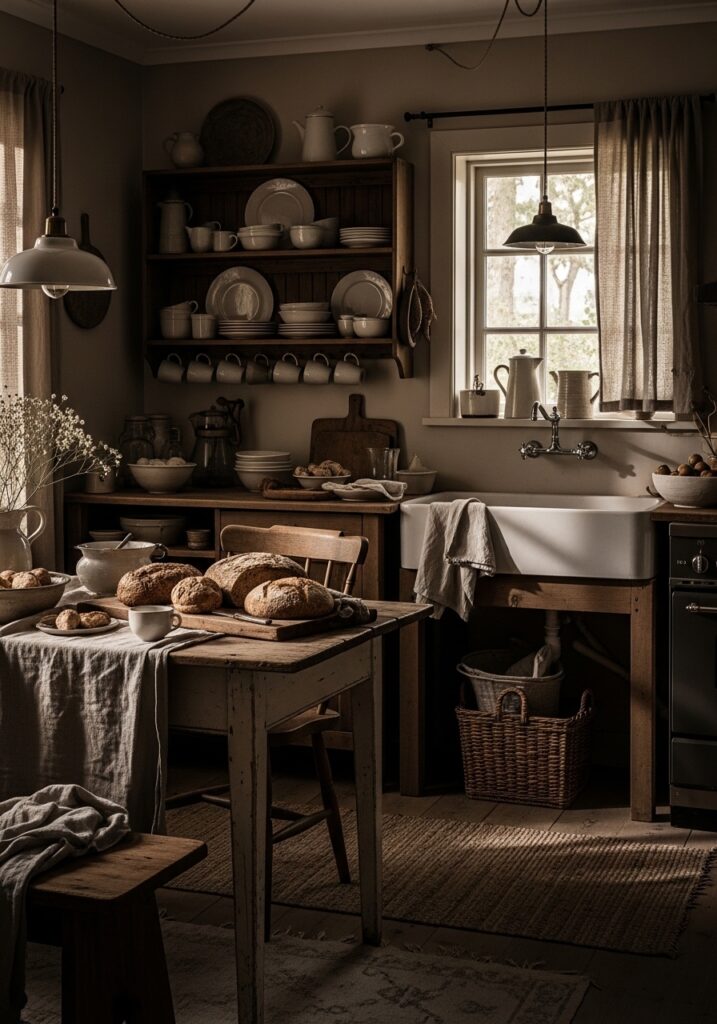 Dark Beige Kitchen with Antique Wood Decor