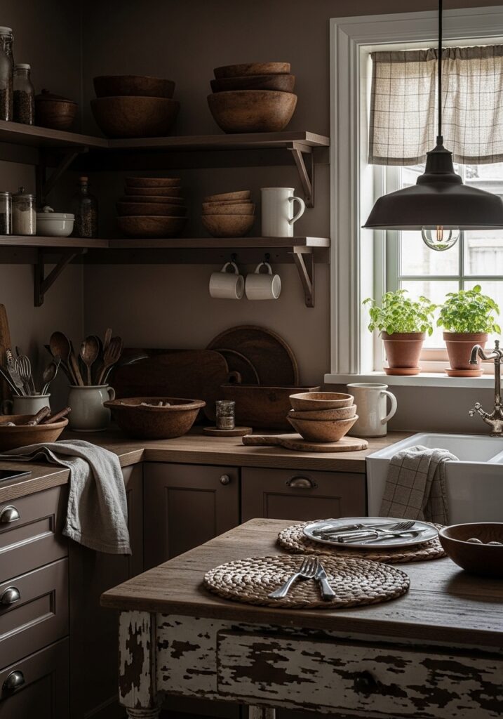 Espresso Brown Cabinets with Rustic Decor