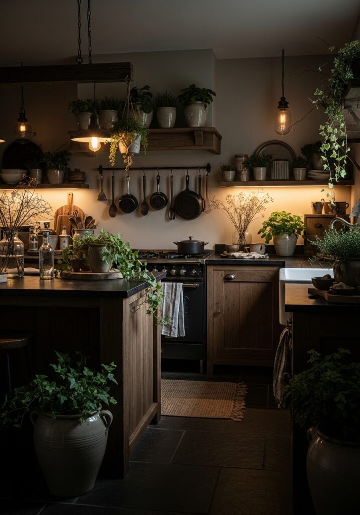 Dark Cottage Kitchen with Botanical Decor
