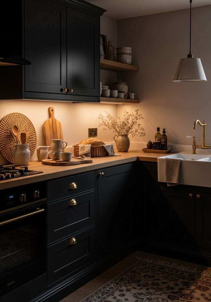 Black Kitchen with Gold Hardware
