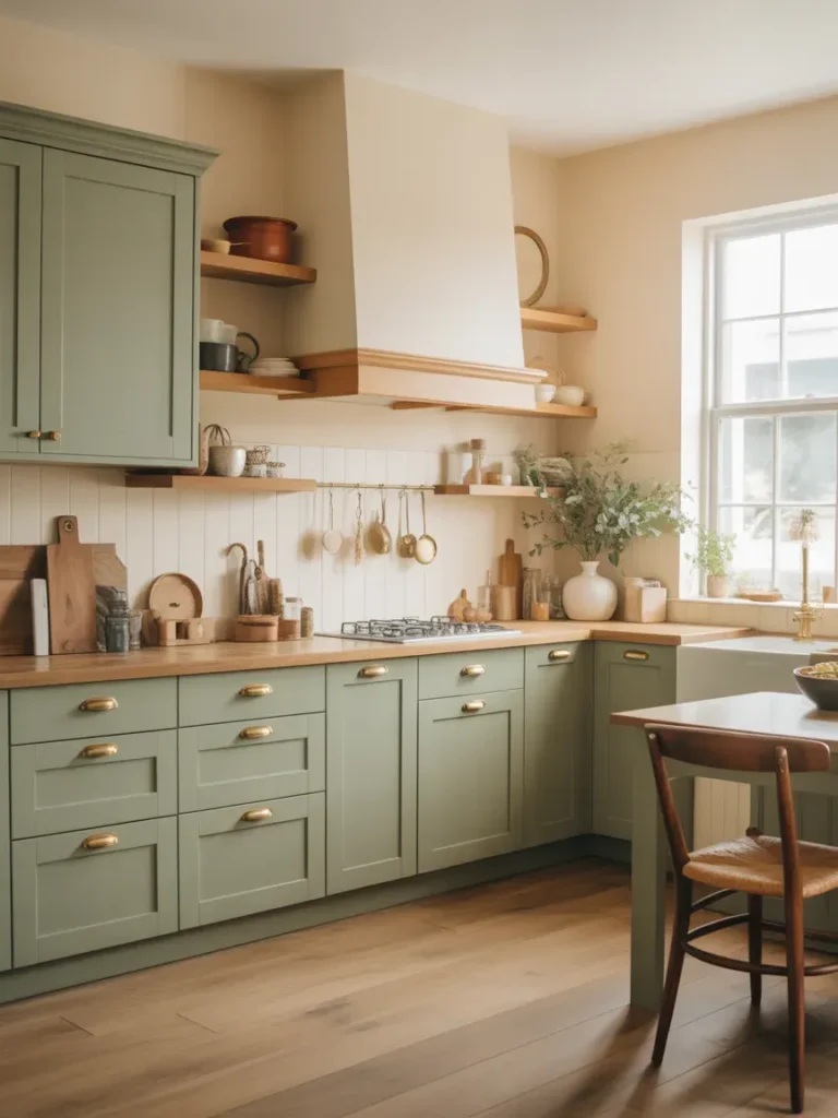 Classic Sage Cabinets with Cream Walls