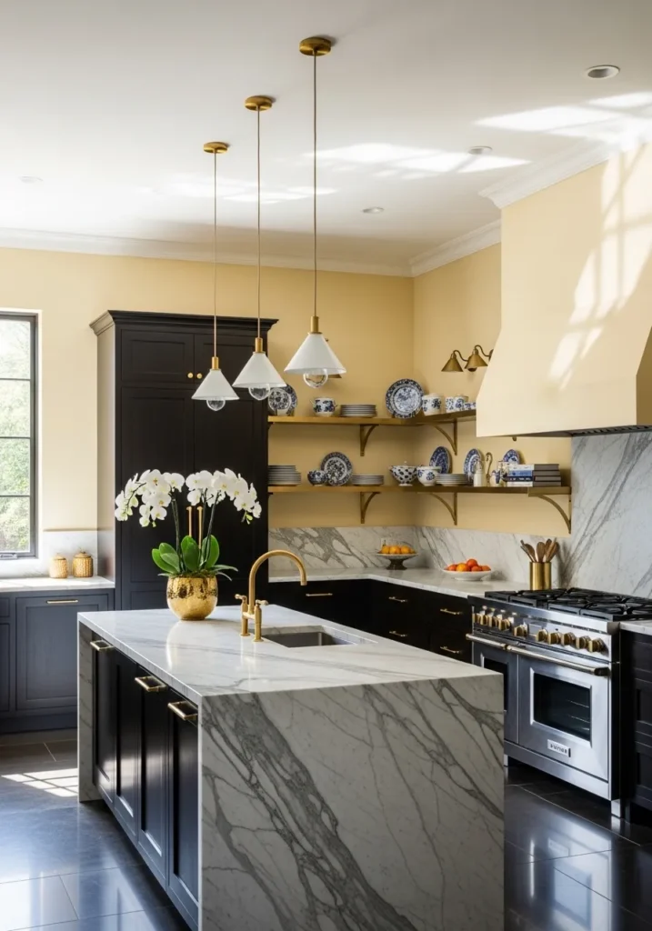 Modern Luxe Butter Yellow Kitchen with Dark Contrast