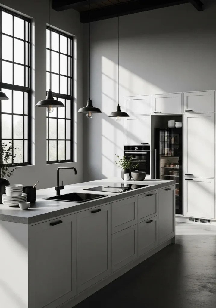 White Shaker with Black Frame Windows