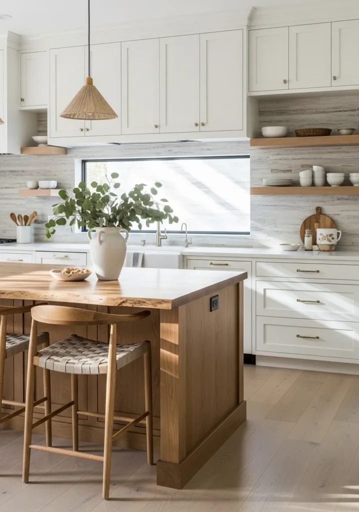 White Shaker with Stone Textured Backsplash