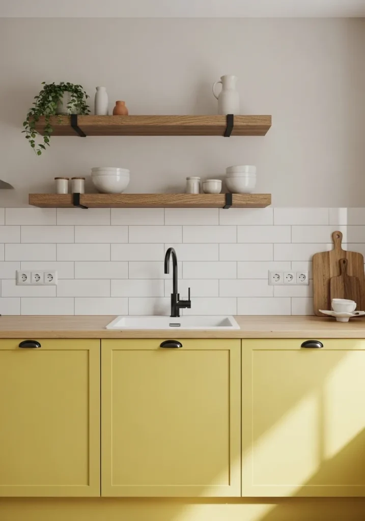 Butter Yellow Cabinets with White Subway Tiles