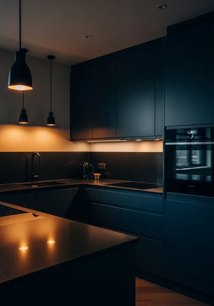Midnight Blue Kitchen with Black Stone Countertops