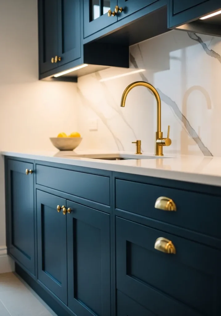  Matte Blue Cabinets with Gold Fixtures