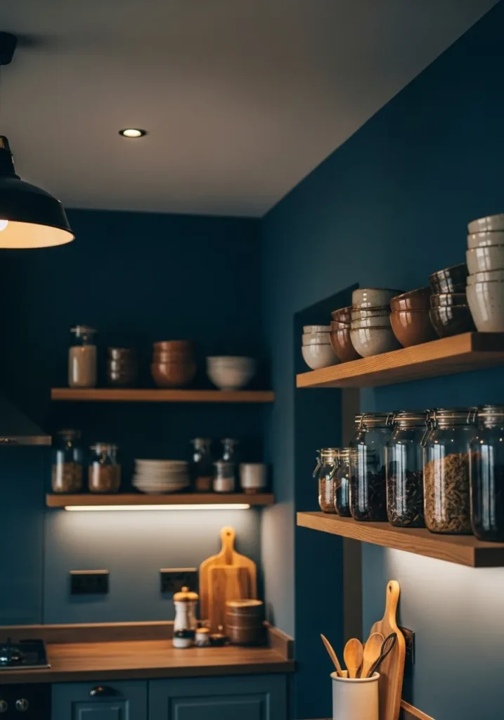 Dark Blue Kitchen with Open Shelving