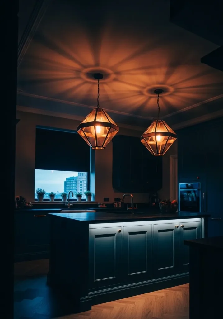 Blue Kitchen with Statement Lighting