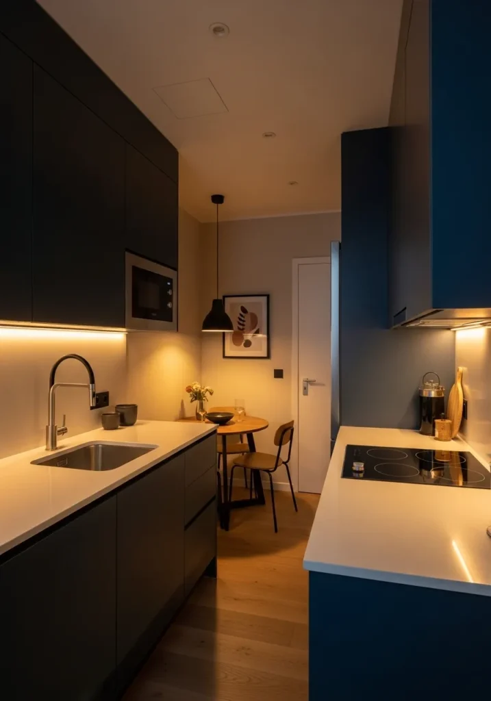 Compact Dark Blue Apartment Kitchen