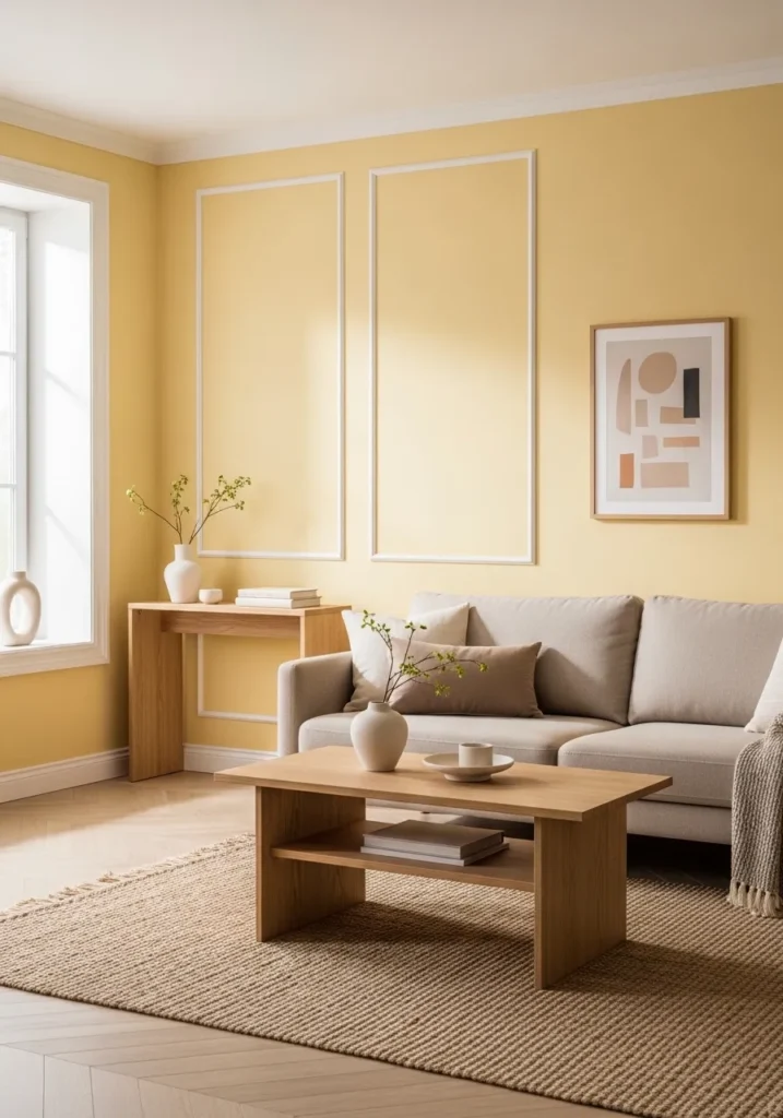 Soft Butter Yellow Living Room with White & Wood Layers