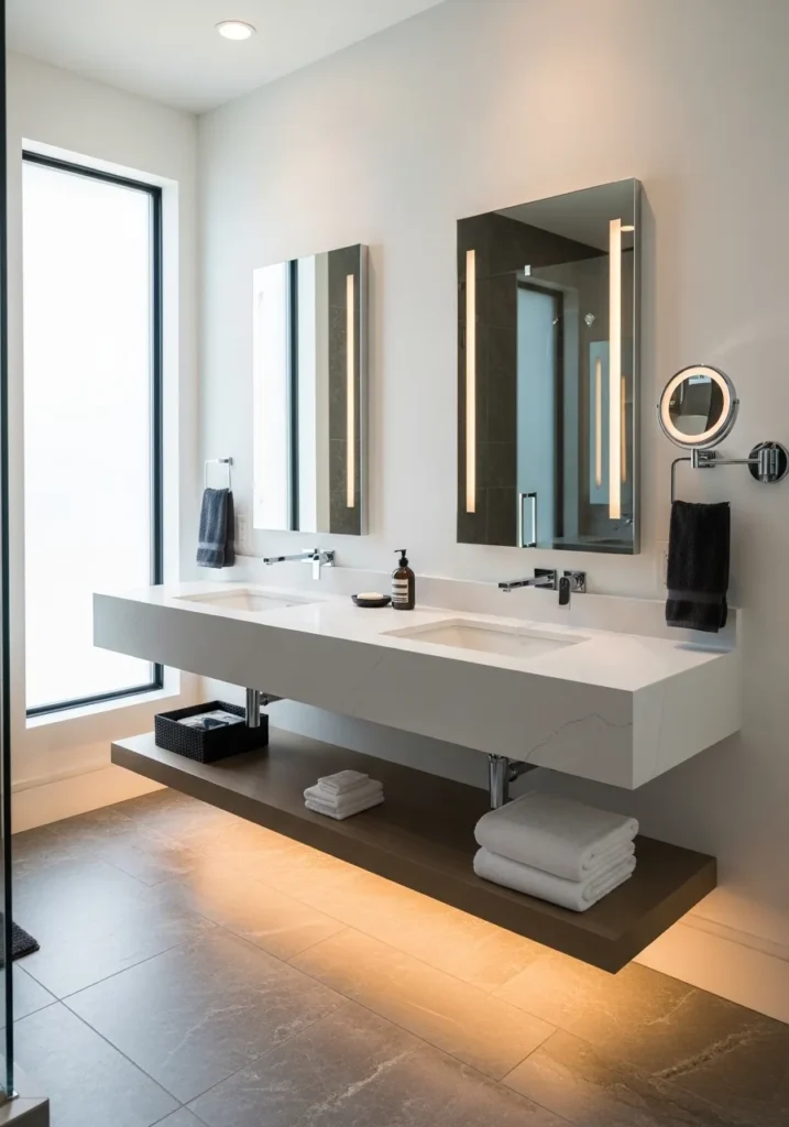Double Sink 48-Inch Floating Vanity ($900–$2,500)Perfect for couples, a 48-inch floating double vanity improves morning routines by offering separate sink zones. It maintains openness while increasing function.