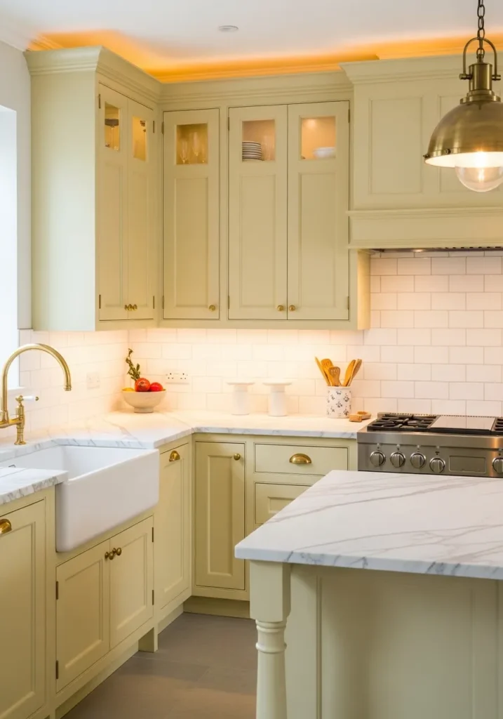Butter Yellow Kitchen Cabinets with Brass Accents