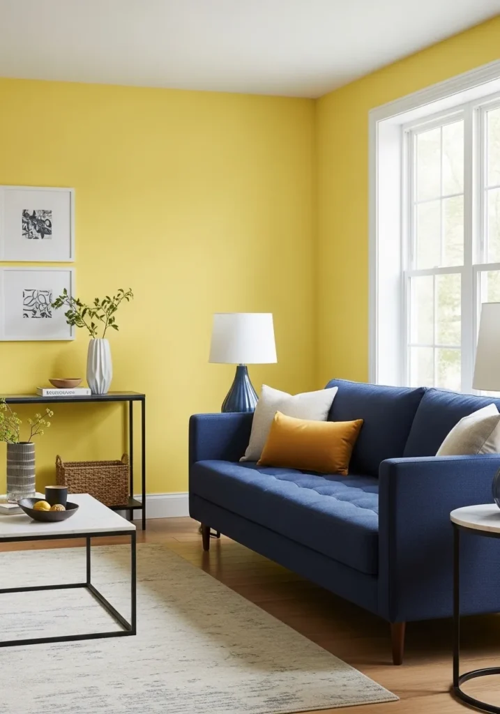 Butter Yellow Accent Wall with Blue Contrast