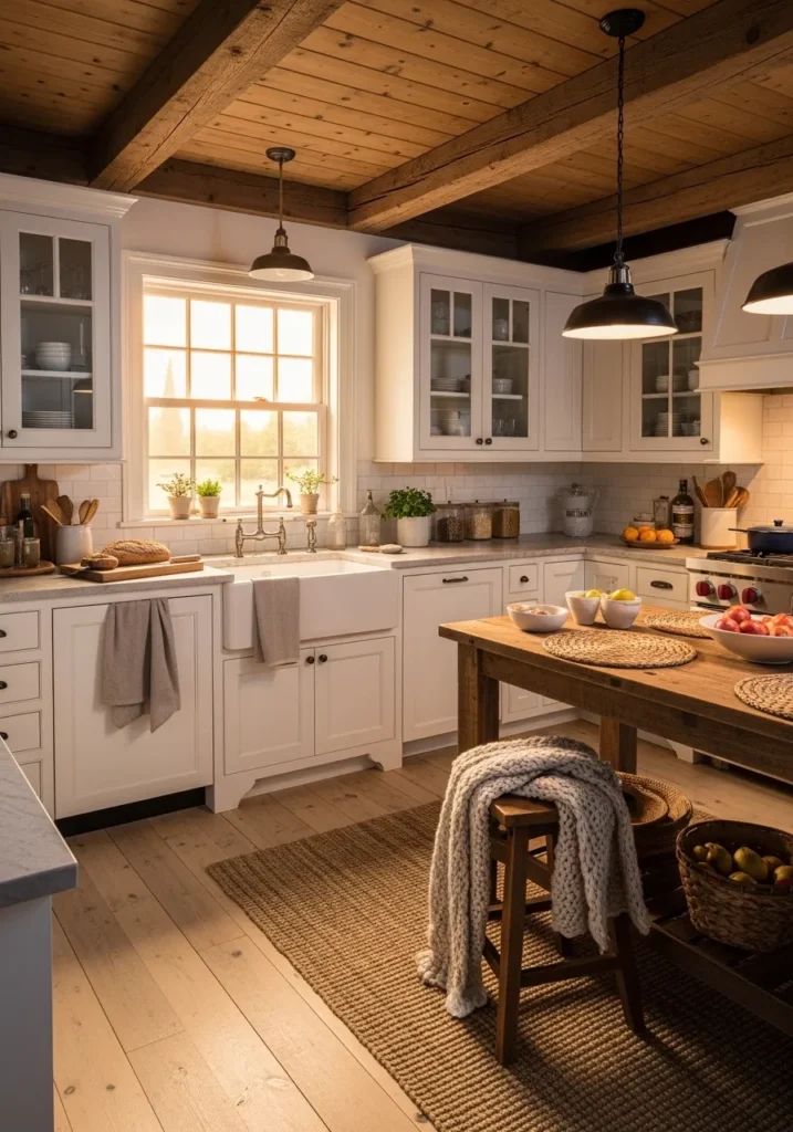 Farmhouse White Shaker Kitchen with Wood Beams