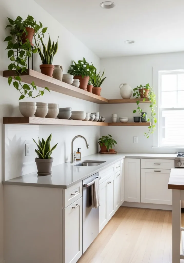 White Shaker with Open Wooden Shelving