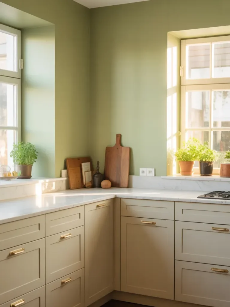 Sage Green Walls with Cream Cabinets
