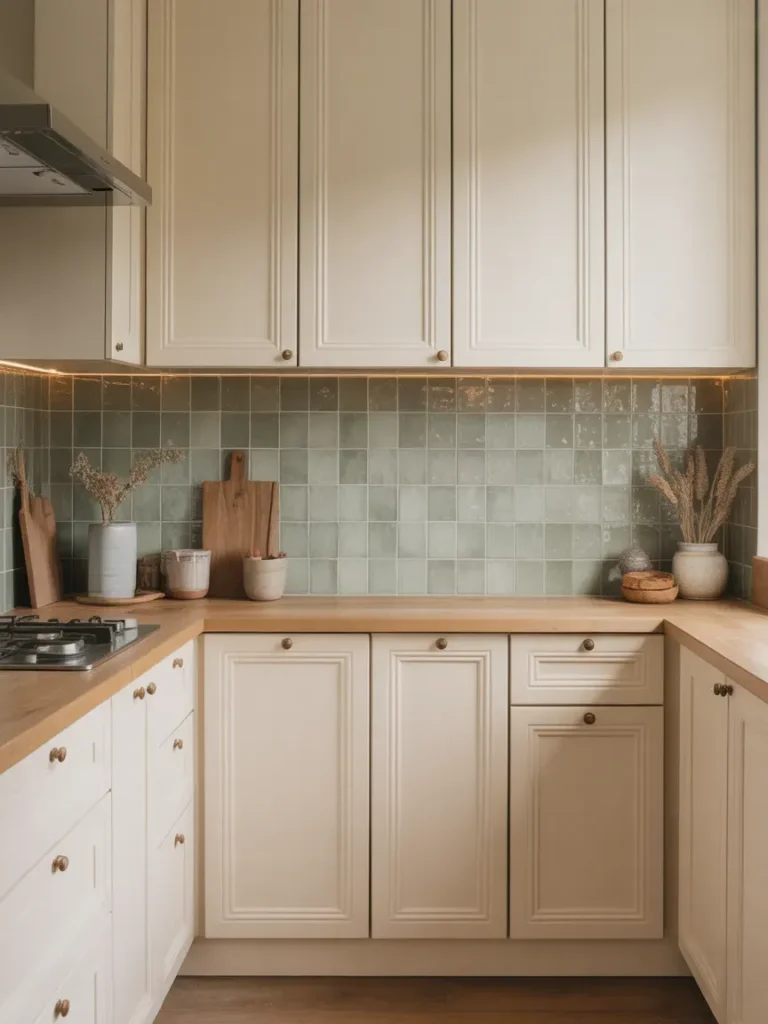 Sage Green Backsplash with Cream Cabinets