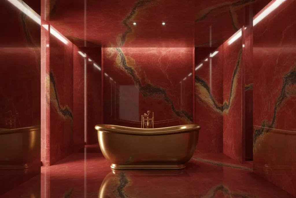 Red Marble Ceiling Statement Bathroom