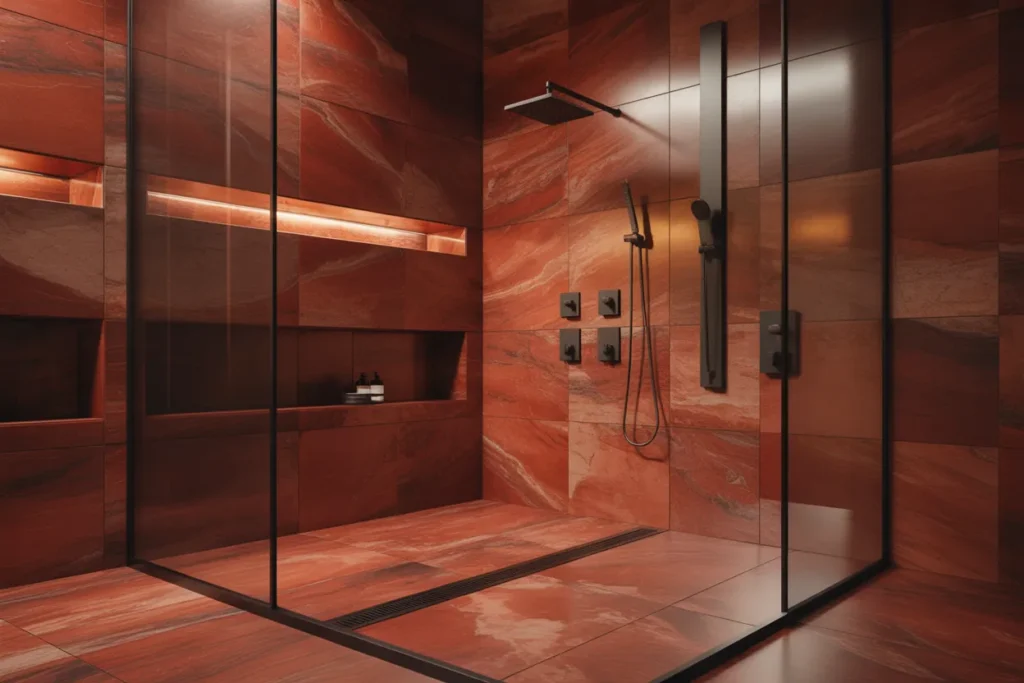 Red Marble Walk-In Shower Design